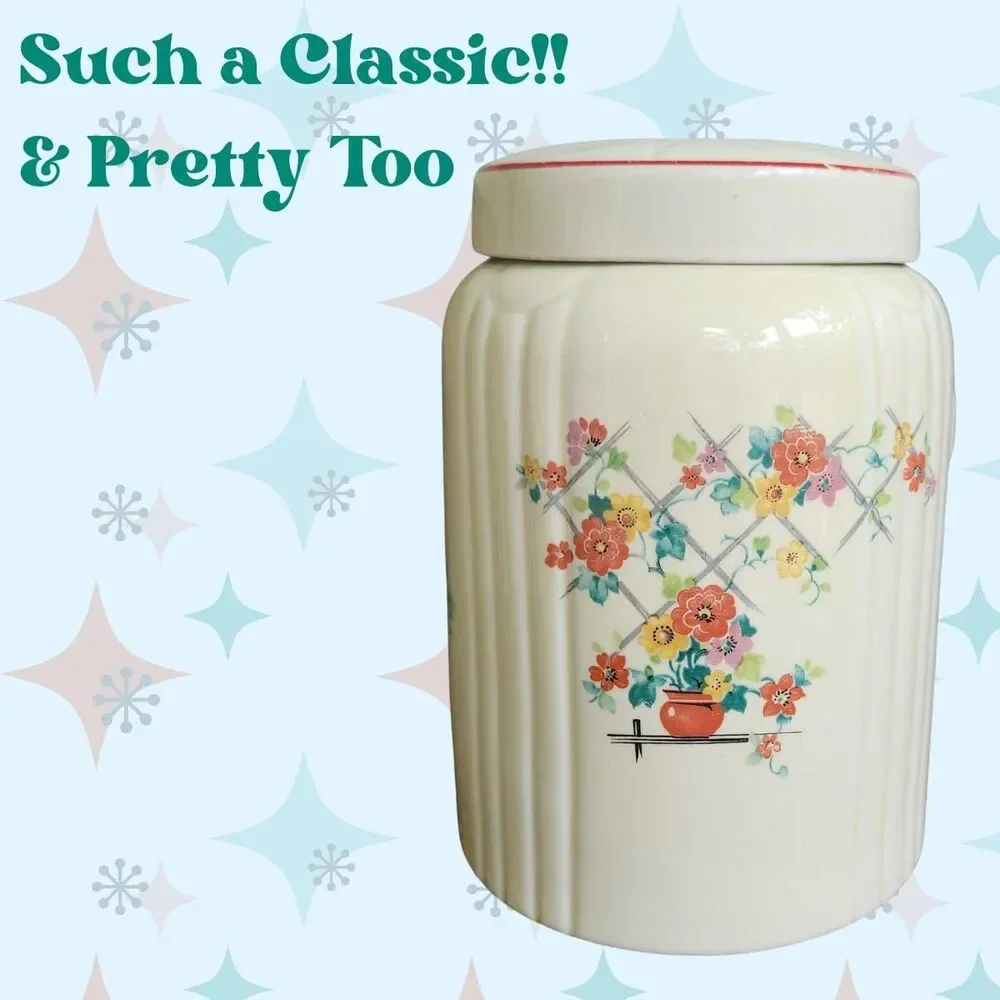 Hall China Co. Radiance Coffee Canister Floral Lattice 1950s Vintage Kitchen Jar